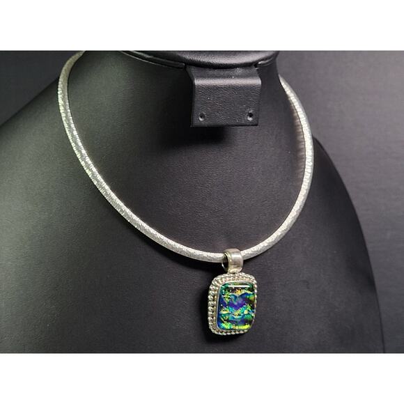 Dichroic Glass Pendant - Pendants - Vintage Blue House  Dyadema 925 Sterling Silver Dichroic Glass Multicolor Pendant On Necklace Italy